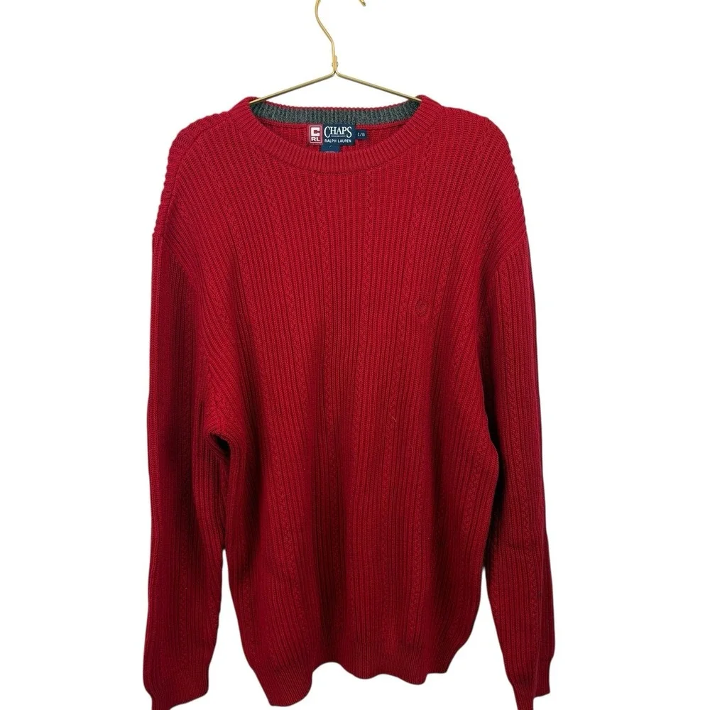 NWT VTG Deadstock Chaps Ralph Lauren Red Holiday Knit Sweater 100% Cotton Sz L